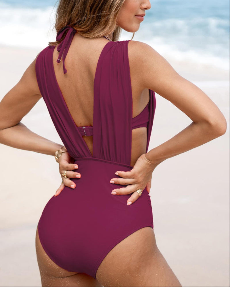 Two-Piece Deep Plunge Swimsuit with Halter Bra Overlay