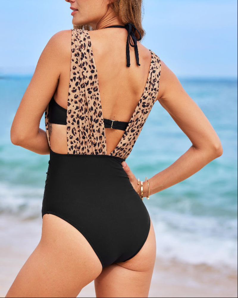 Two-Piece Deep Plunge Swimsuit with Halter Bra Overlay