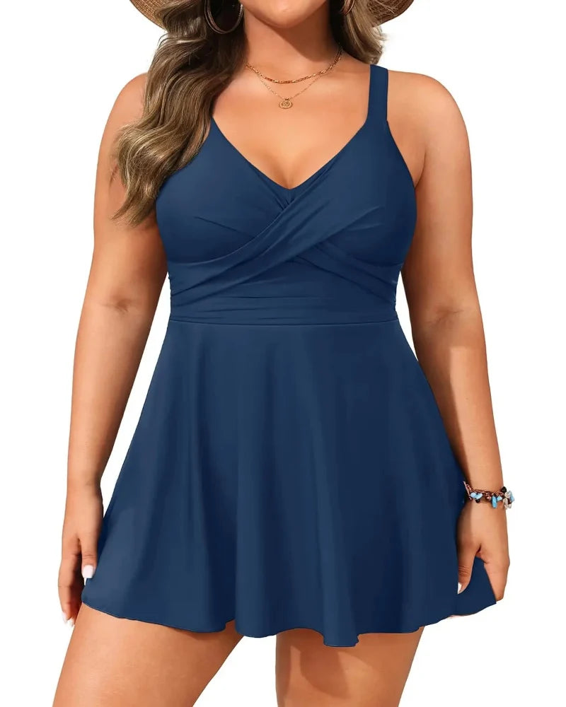 Plus Size Swim Dress - Two Piece Tankini Swimsuit Tummy Control Bathing Suit with Shorts