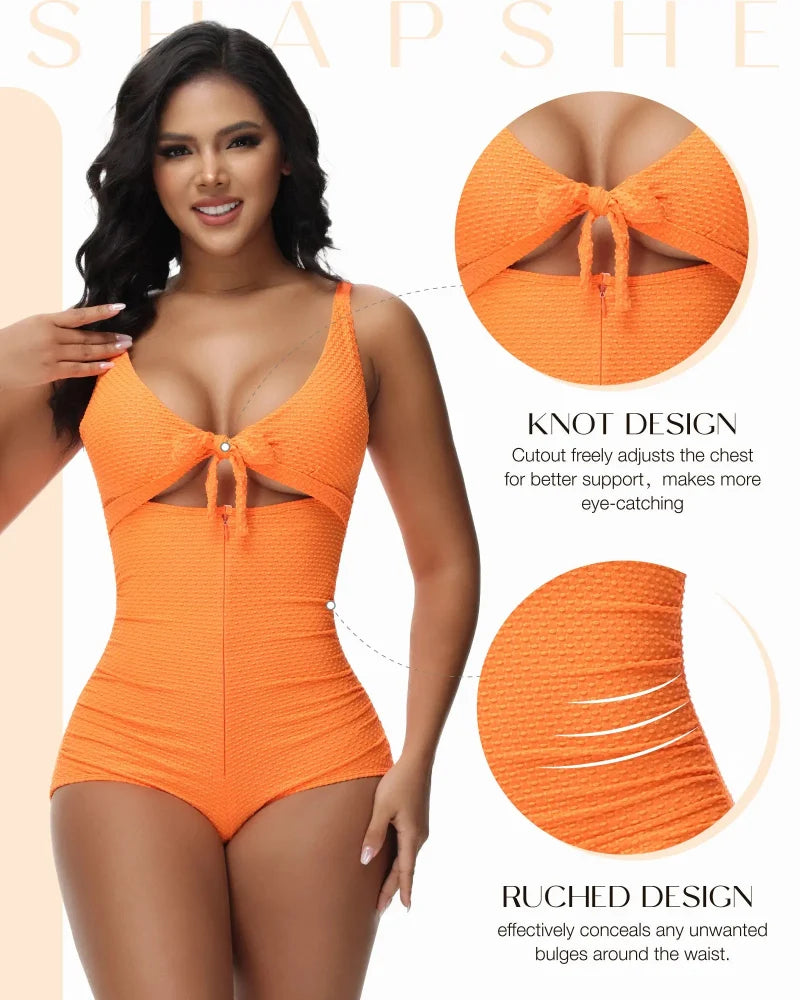 Plus Size Tummy Control One Piece Swimsuit Cutout Tie Knot Slimming Bathing Suit
