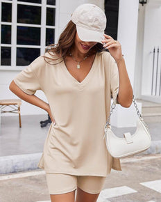 Casual 2-Piece Loungewear Set Oversized Split Hem Top & Fitted Shorts