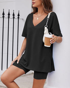 Casual 2-Piece Loungewear Set Oversized Split Hem Top & Fitted Shorts