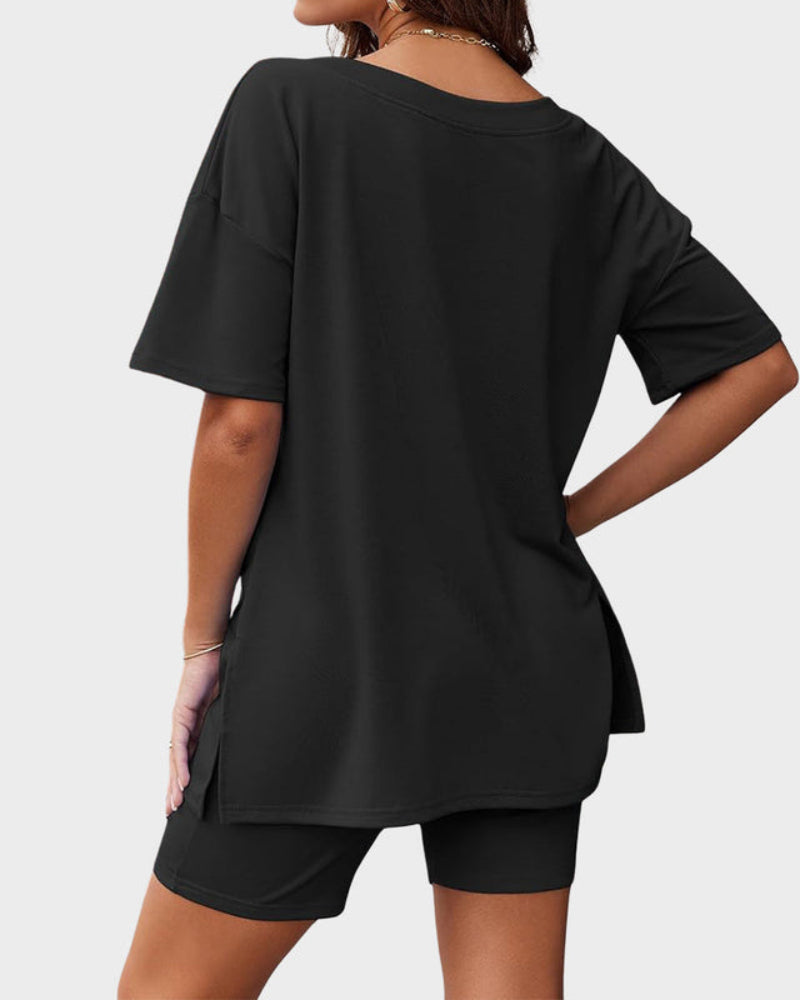 Casual 2-Piece Loungewear Set Oversized Split Hem Top & Fitted Shorts