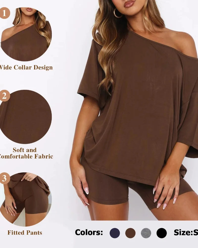 Women’s Two Piece Lounge Set Off Shoulder Top and Shorts