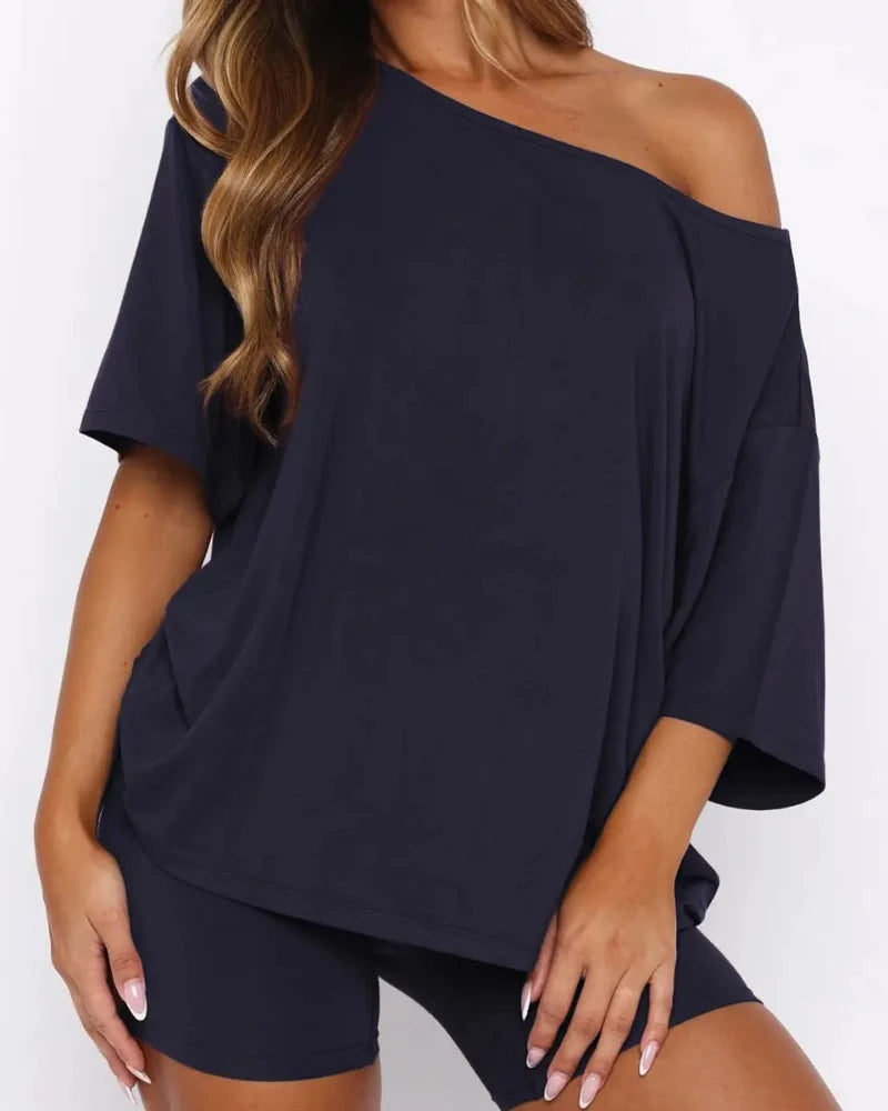 Women’s Two Piece Lounge Set Off Shoulder Top and Shorts