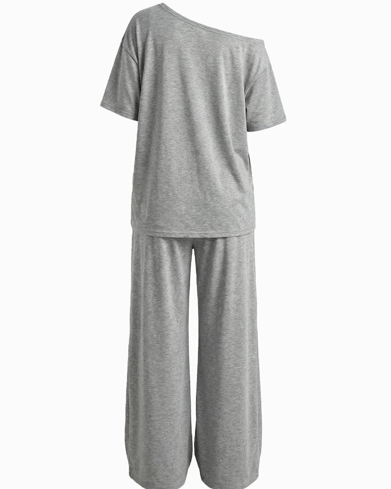 Women's Off-Shoulder Tee Wide-Leg Pants 2P Set
