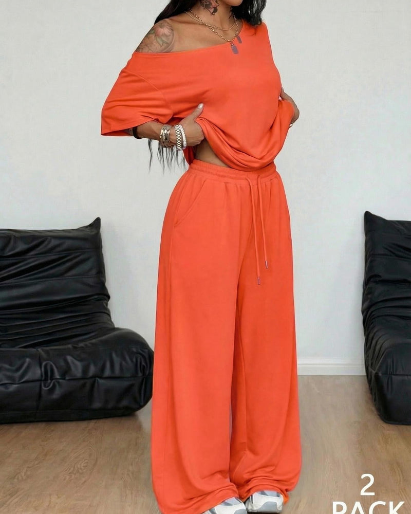 Women's Off-Shoulder Tee Wide-Leg Pants 2P Set