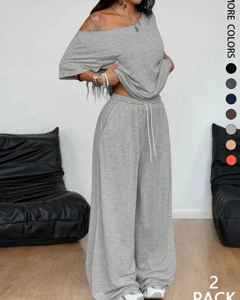 Women's Off-Shoulder Tee Wide-Leg Pants 2P Set