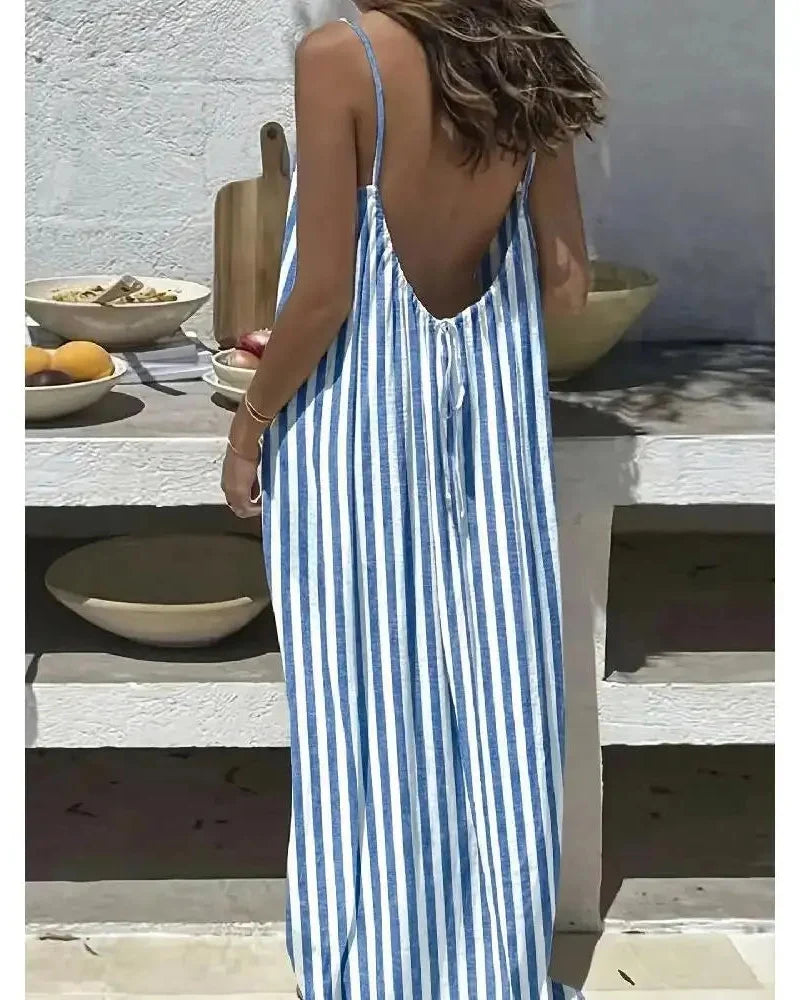Women’s Backless Maxi Dress Leopard and Stripe Print Sleeveless Summer Dress