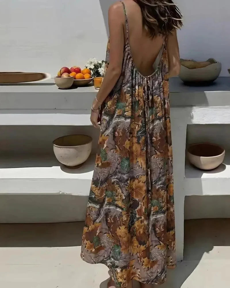 Women’s Backless Maxi Dress Leopard and Stripe Print Sleeveless Summer Dress