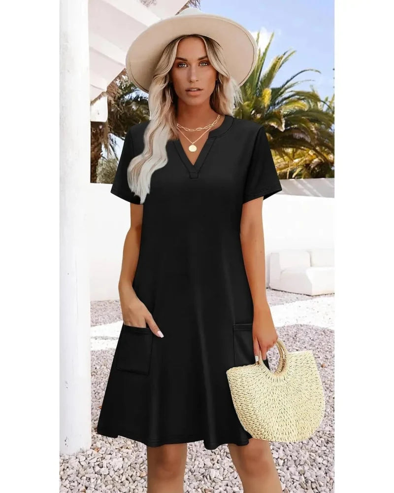 Summer 2026 Women’s V-Neck Casual Short Sleeve Dress Beach Wedding Vacation Wear