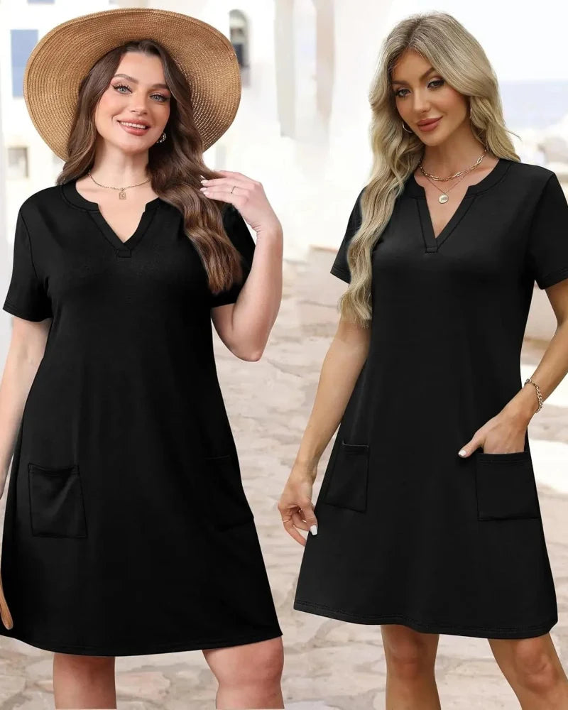 Summer 2026 Women’s V-Neck Casual Short Sleeve Dress Beach Wedding Vacation Wear