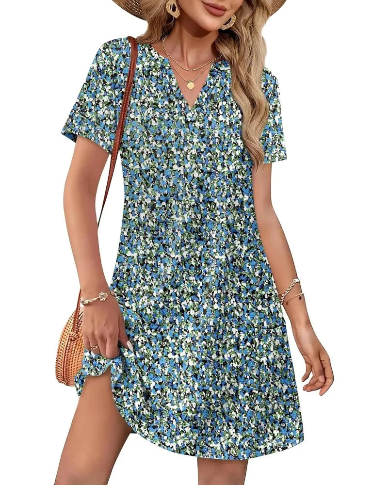 Summer 2026 Women’s V-Neck Casual Short Sleeve Dress Beach Wedding Vacation Wear