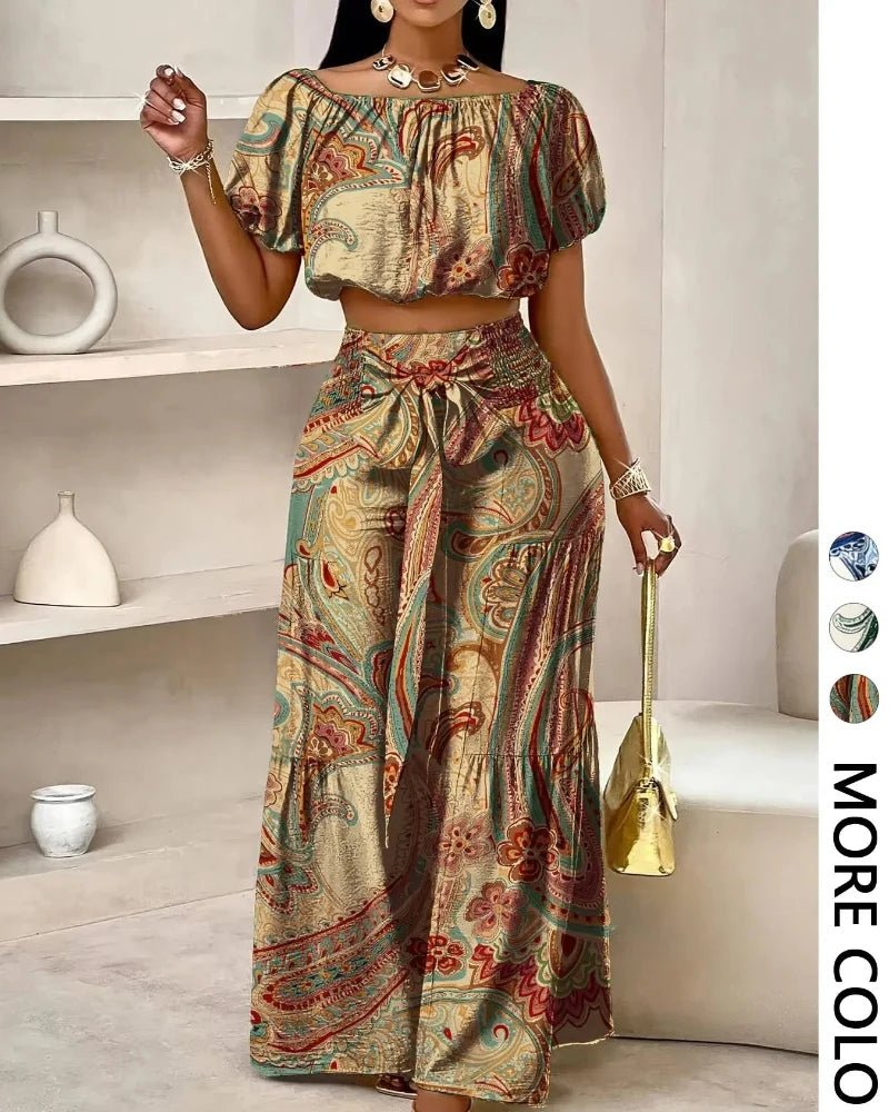 Women’s Paisley Summer Two-Piece Set, Off-Shoulder Top & Wide-Leg Pants