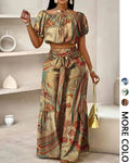 Women’s Paisley Summer Two-Piece Set, Off-Shoulder Top & Wide-Leg Pants