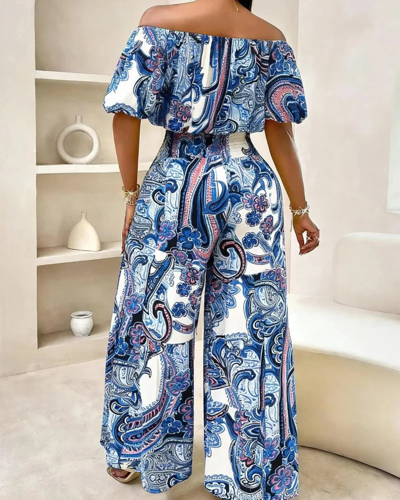Women’s Paisley Summer Two-Piece Set, Off-Shoulder Top & Wide-Leg Pants