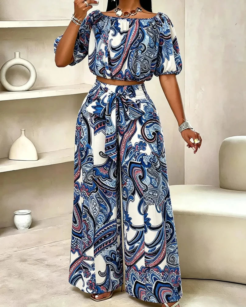 Women’s Paisley Summer Two-Piece Set, Off-Shoulder Top & Wide-Leg Pants