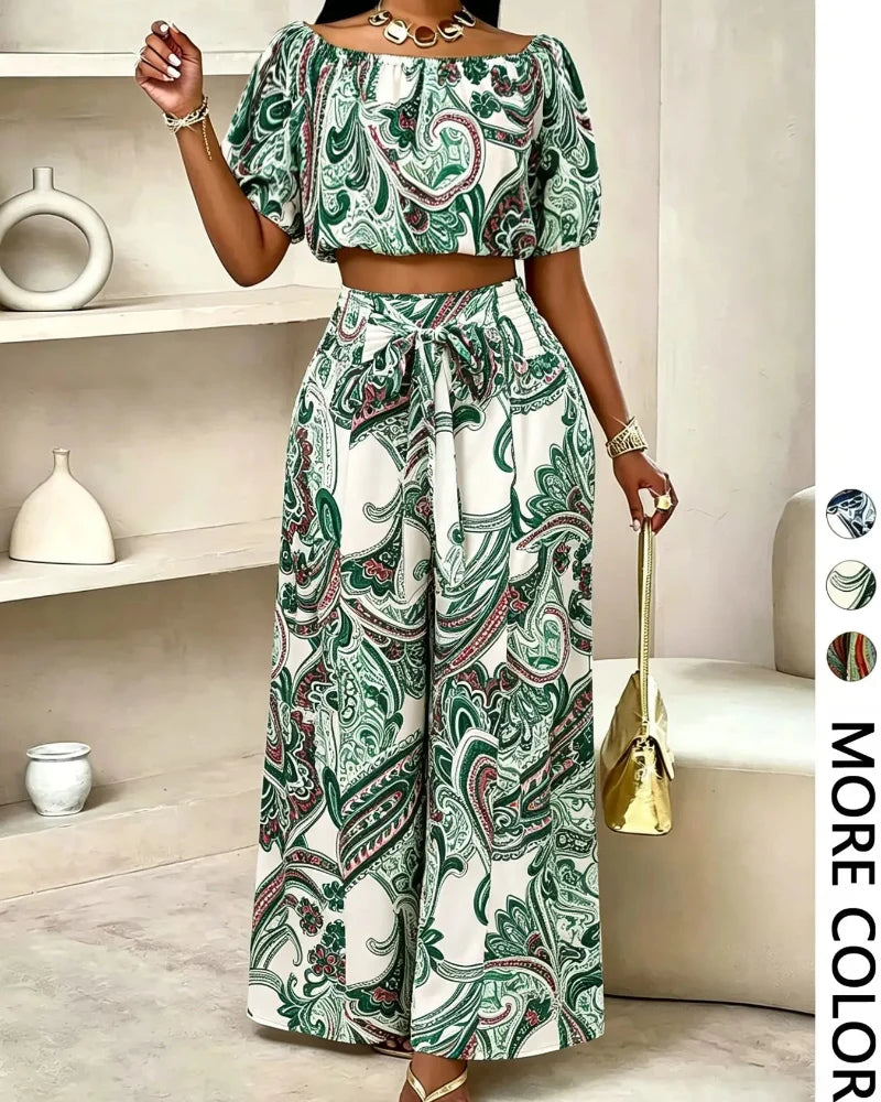 Women’s Paisley Summer Two-Piece Set, Off-Shoulder Top & Wide-Leg Pants