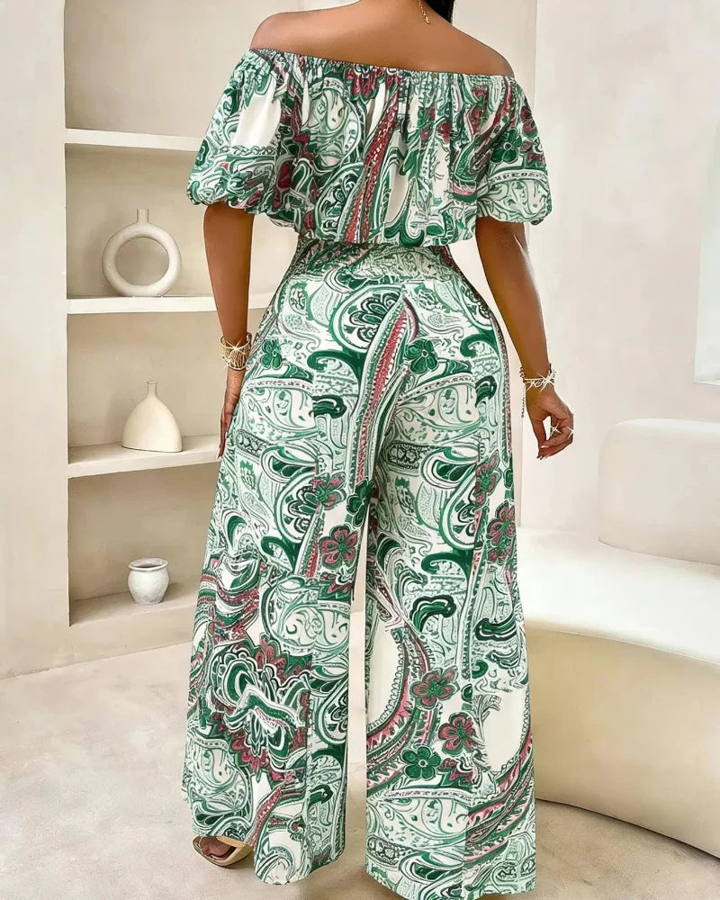 Women’s Paisley Summer Two-Piece Set, Off-Shoulder Top & Wide-Leg Pants