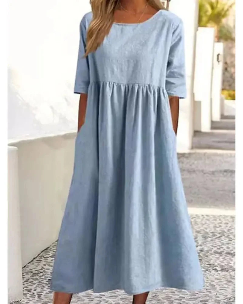 Summer Casual Short Sleeve Pocket Loose Round Neck Dress for Women