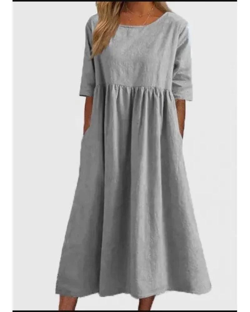 Summer Casual Short Sleeve Pocket Loose Round Neck Dress for Women