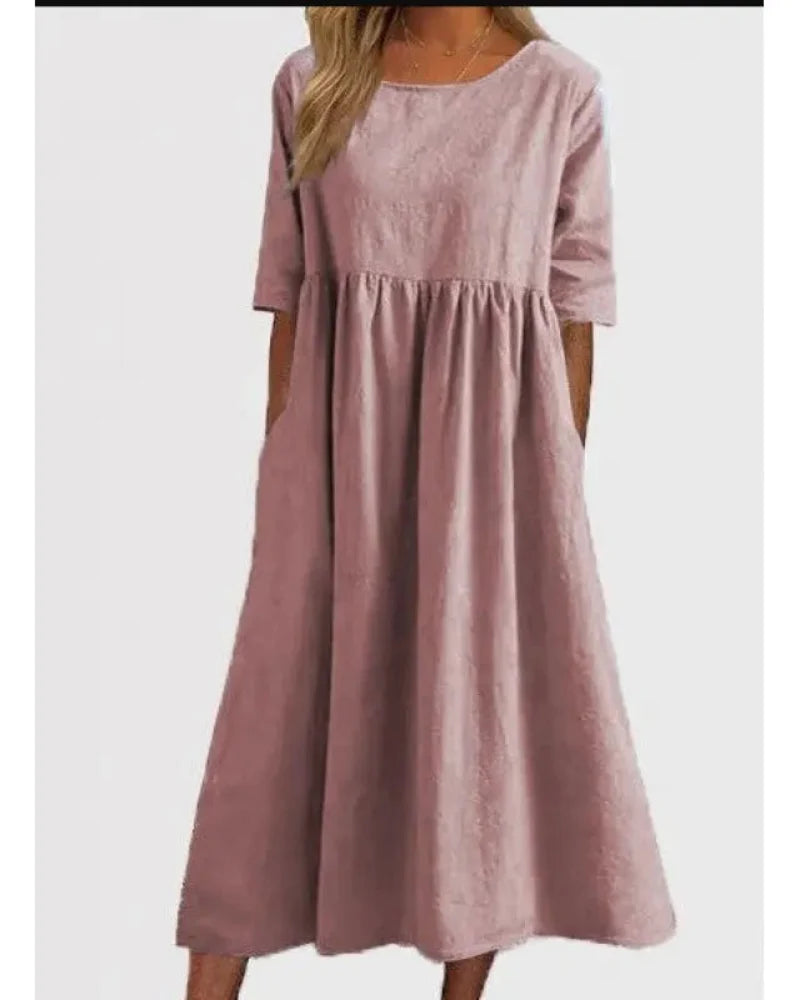 Summer Casual Short Sleeve Pocket Loose Round Neck Dress for Women