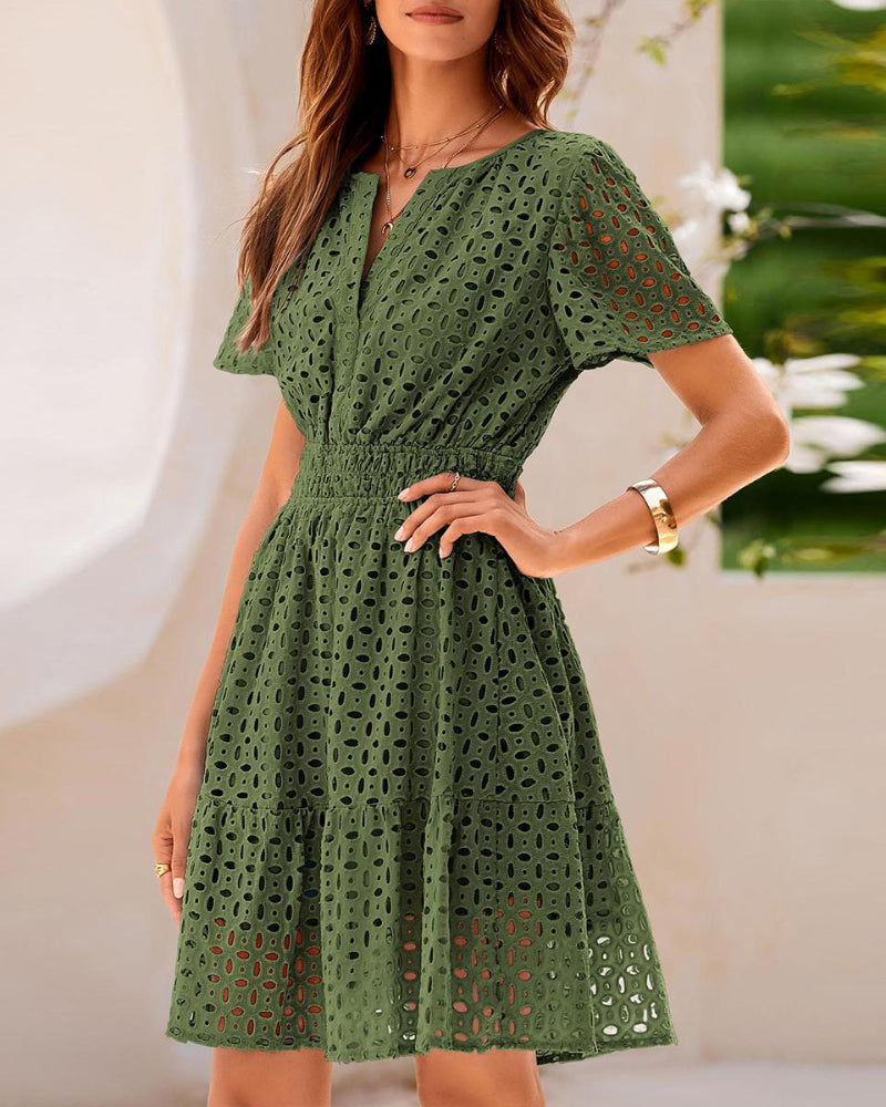 Women V Neck Lace A Line Summer Dress