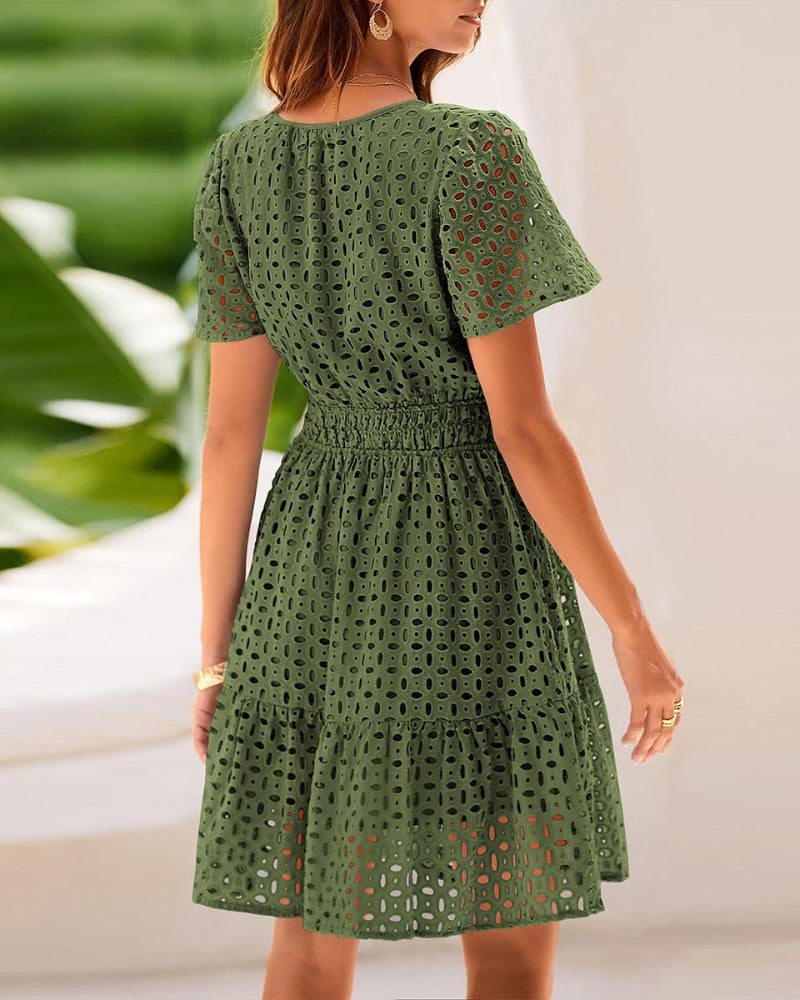 Women V Neck Lace A Line Summer Dress