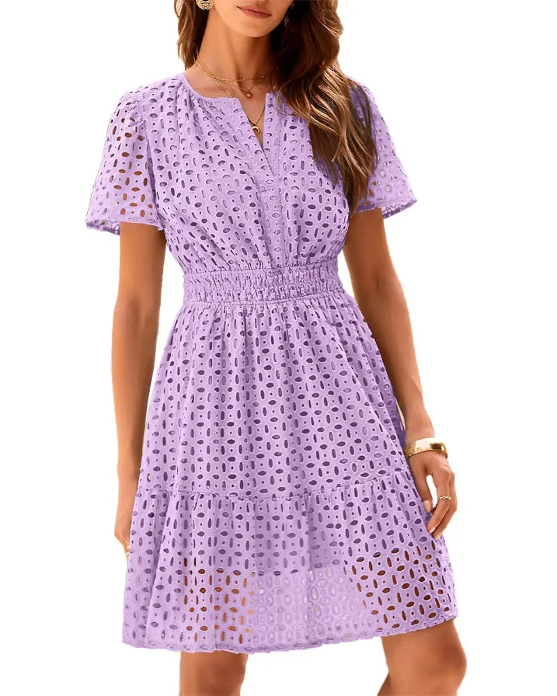 Women V Neck Lace A Line Summer Dress