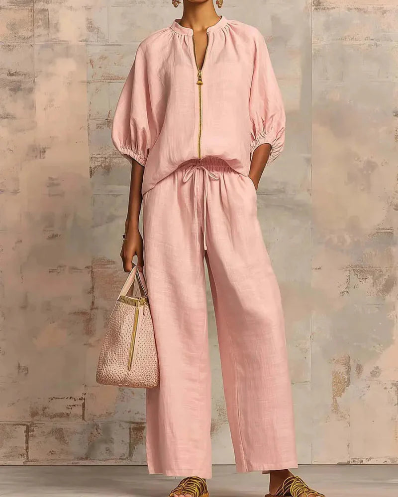 Women’s Lounge Set, Zip Top & Wide Leg Pants 2-Piece Casual Outfit