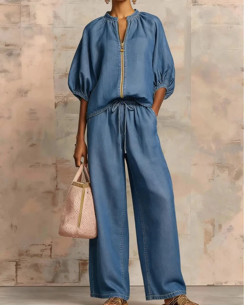Women’s Lounge Set, Zip Top & Wide Leg Pants 2-Piece Casual Outfit