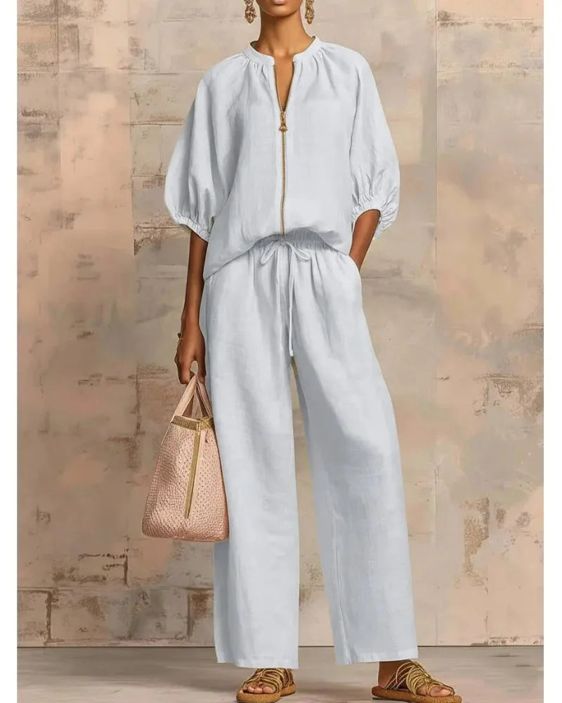 Women’s Lounge Set, Zip Top & Wide Leg Pants 2-Piece Casual Outfit