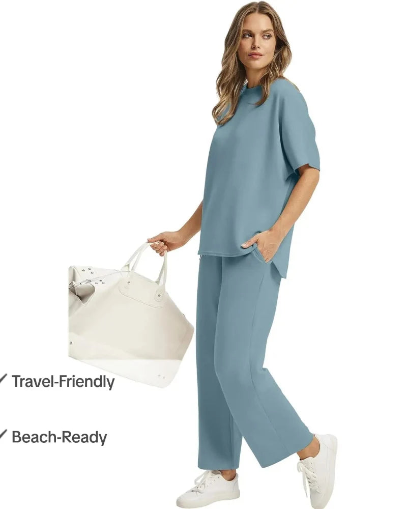 Women’s 2-Piece Set – Oversized Tee & Wide-Leg Pants, Casual Summer Wear
