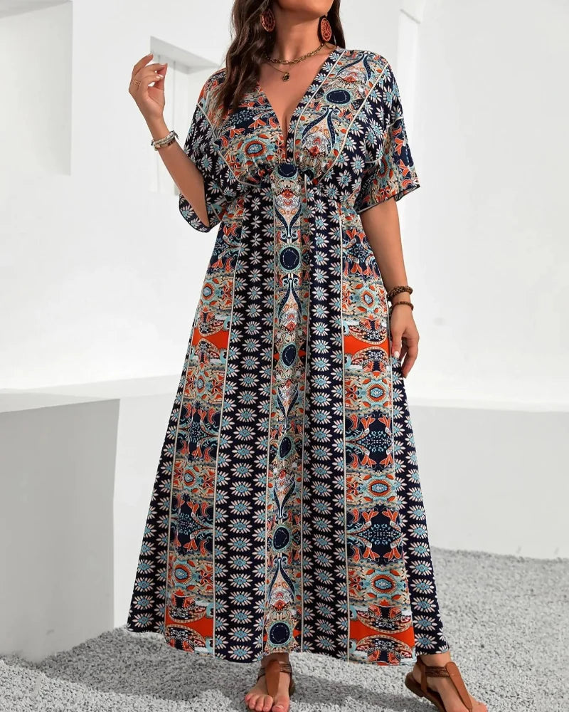 Plus Size Boho V-Neck Floral A-Line Dress