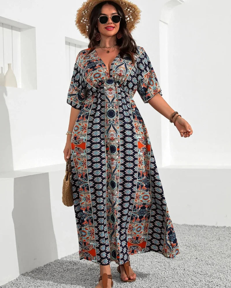 Plus Size Boho V-Neck Floral A-Line Dress