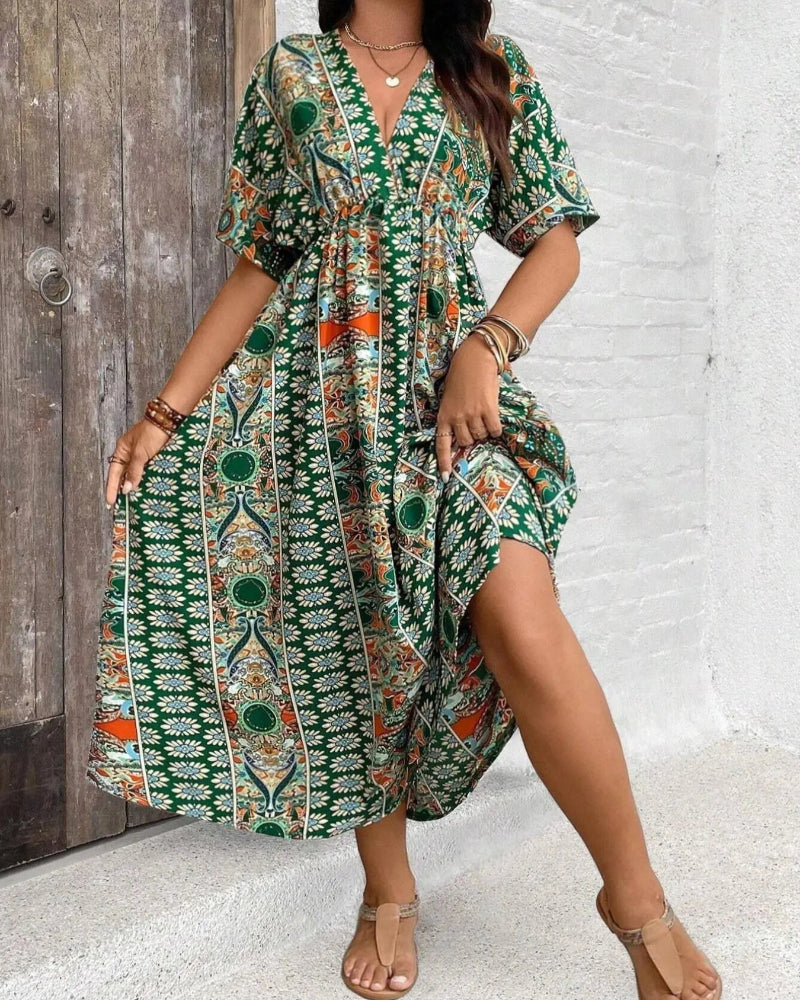 Plus Size Boho V-Neck Floral A-Line Dress