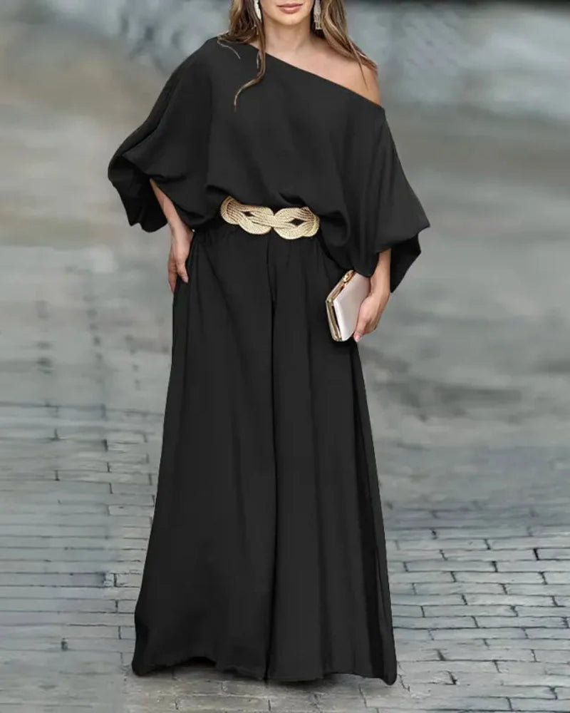 Skew Neck Set – Lantern Top & Wide Leg Pants