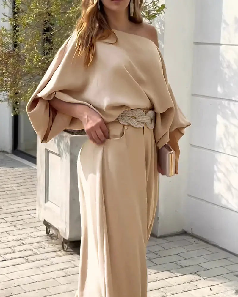 Skew Neck Set – Lantern Top & Wide Leg Pants