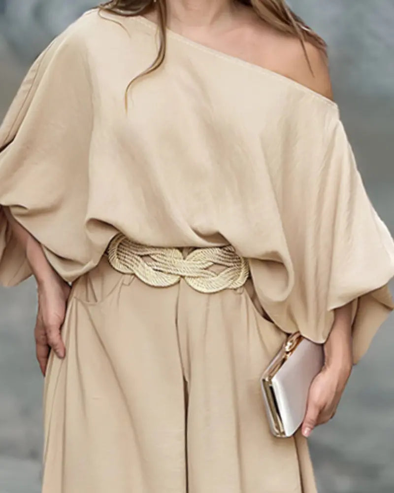 Skew Neck Set – Lantern Top & Wide Leg Pants