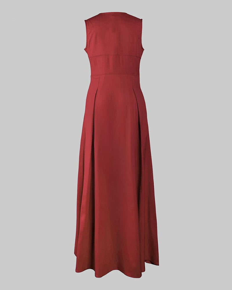 Women’s Loose Fit Maxi Dress – Pleated, Pocket, Slit, Summer Comfort Dress