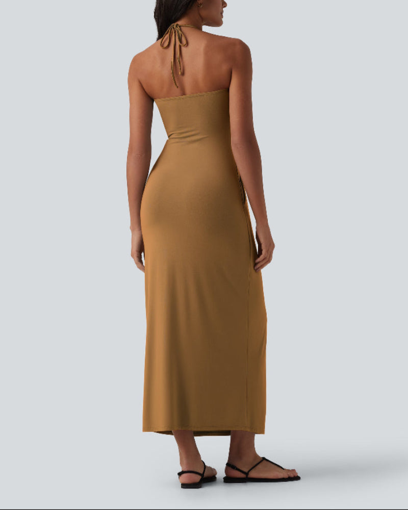 Halter Neck Maxi Dress with Adjustable Tie Back and Side Pockets