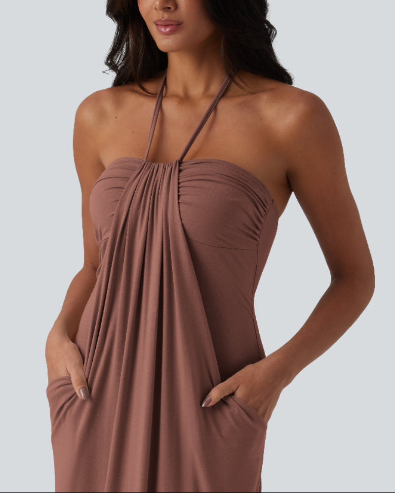 Halter Neck Maxi Dress with Adjustable Tie Back and Side Pockets