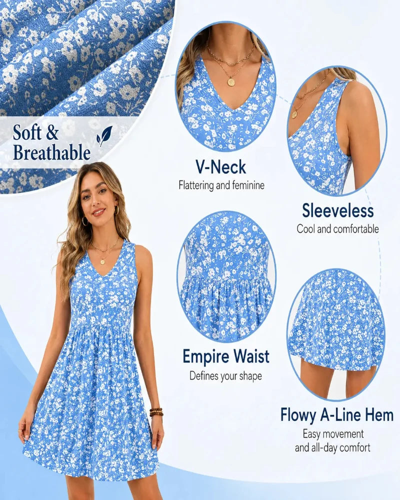 Summer V-Neck Tank Sundress with Pockets — Casual Beach Dress