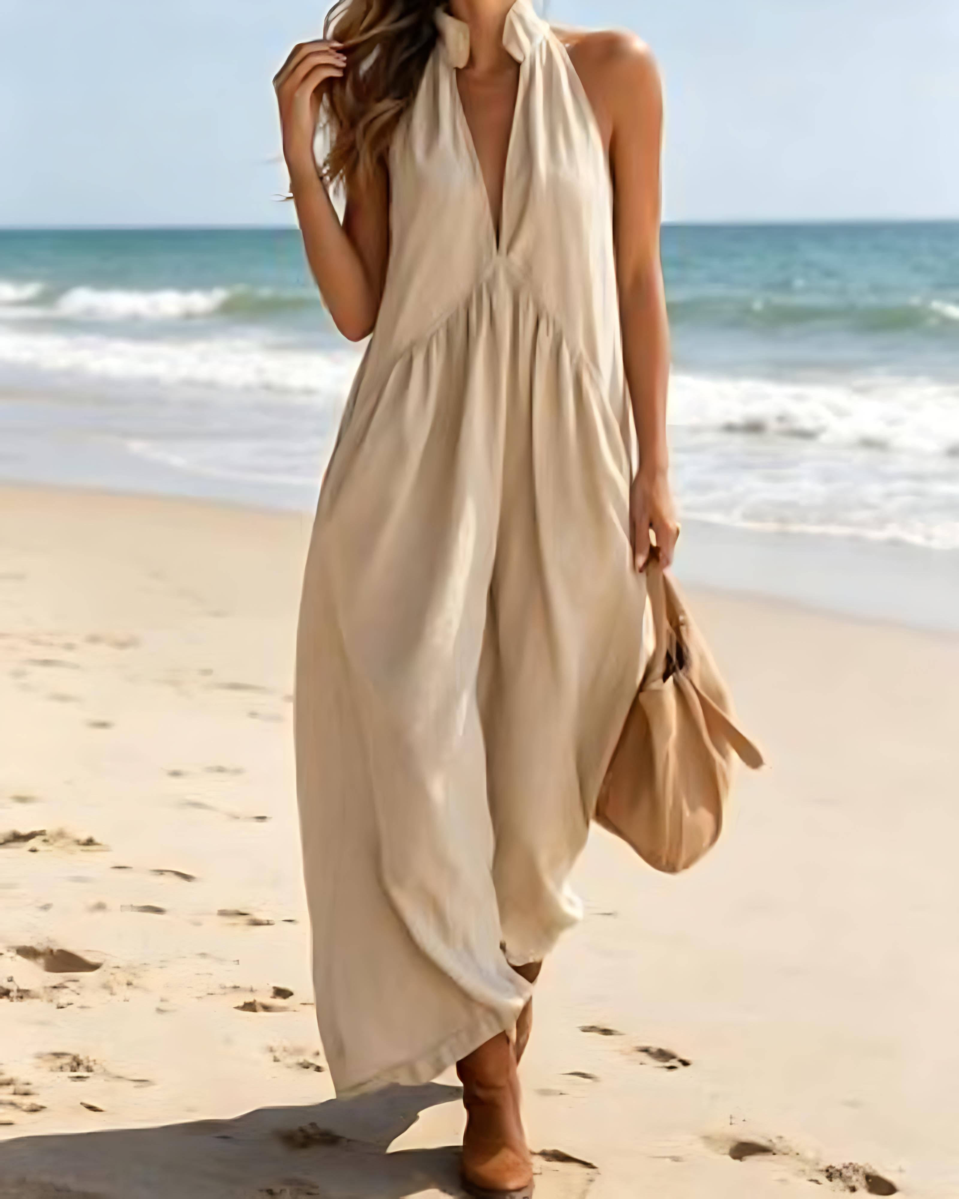 Halter Maxi Dress — Casual Loose Fit with Pockets