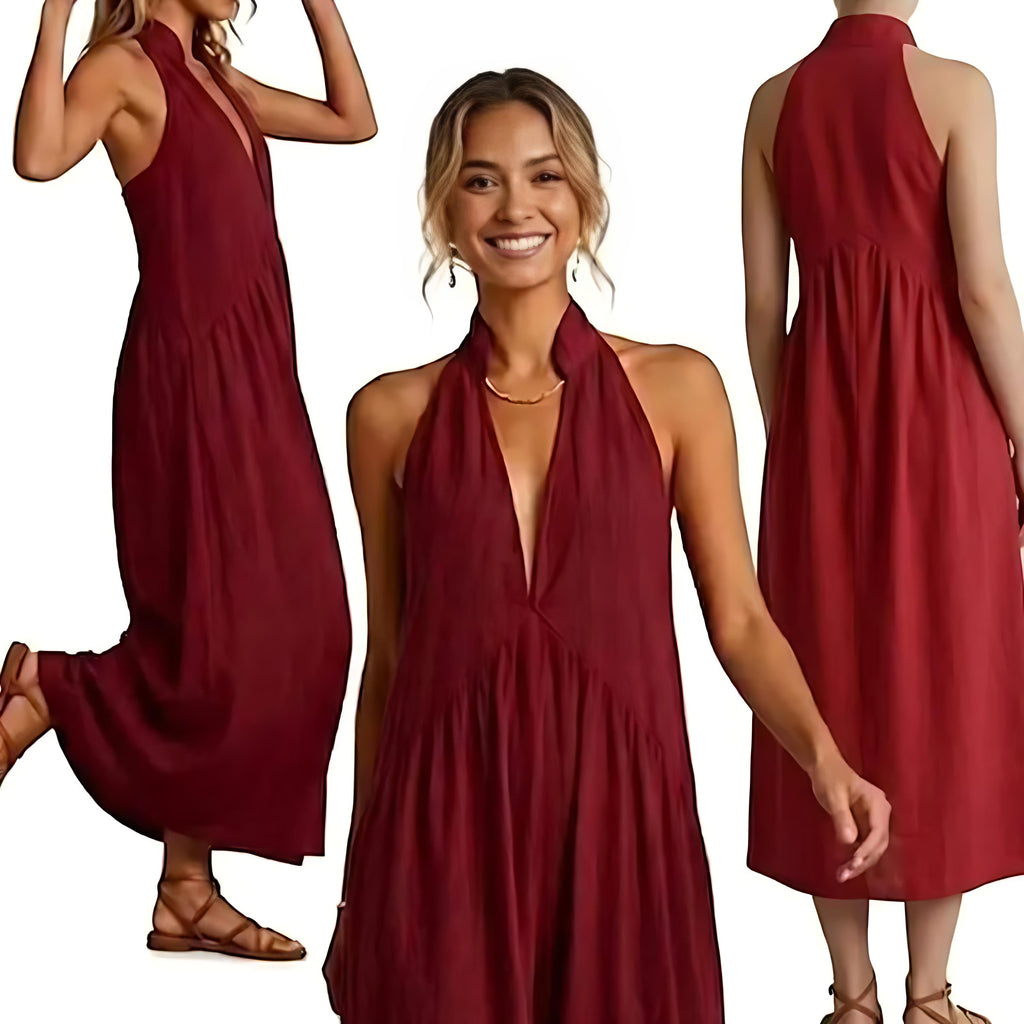 Halter Maxi Dress — Casual Loose Fit with Pockets