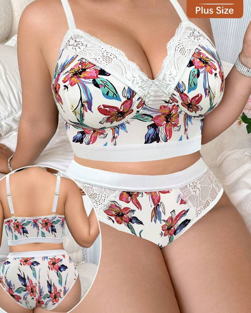 Wireless Plus Size Floral Lingerie Set, Soft & Cozy Fit