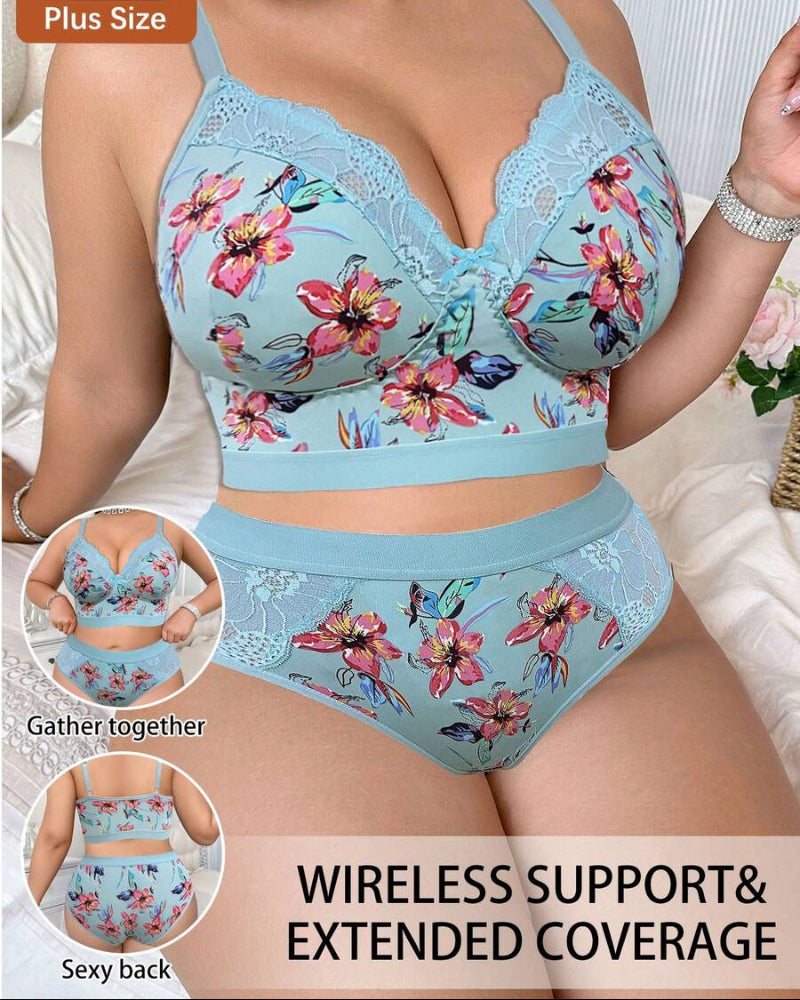 Wireless Plus Size Floral Lingerie Set, Soft & Cozy Fit
