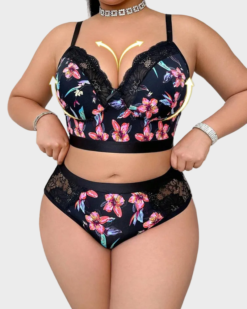 Wireless Plus Size Floral Lingerie Set, Soft & Cozy Fit