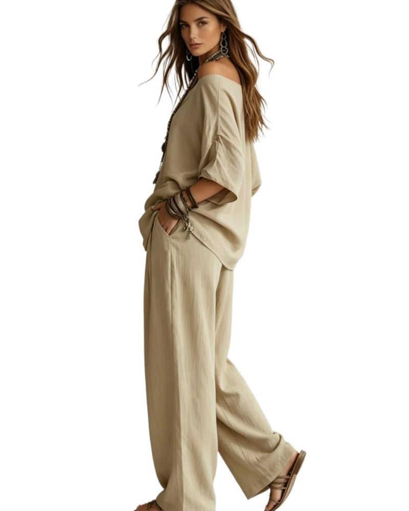 Summer Linen Set Relaxed Fit Top & Wide-Leg Pants Effortless Casual Wear