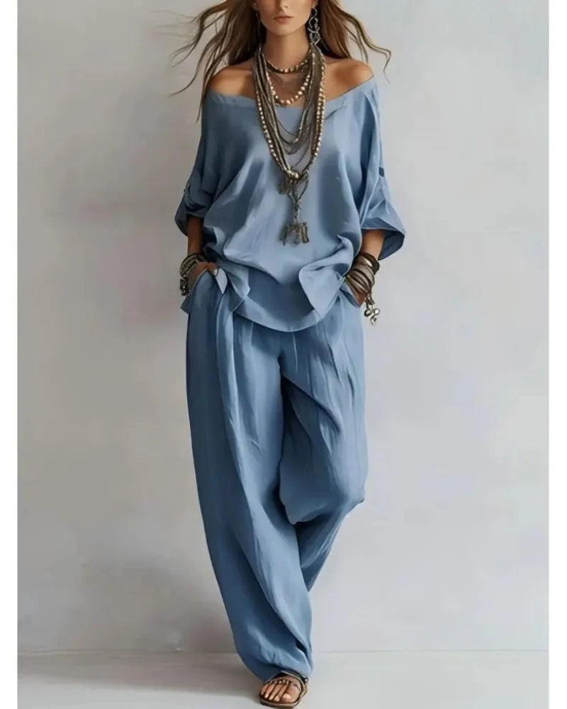 Summer Linen Set Relaxed Fit Top & Wide-Leg Pants Effortless Casual Wear